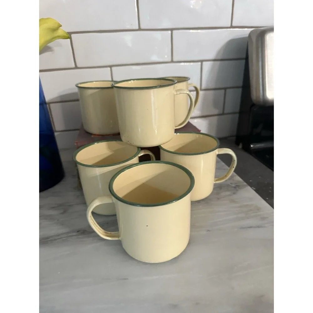 Vintage ENAMEL 6 Cups Yellow Green Rim Enamelware Metal Bon Voyage